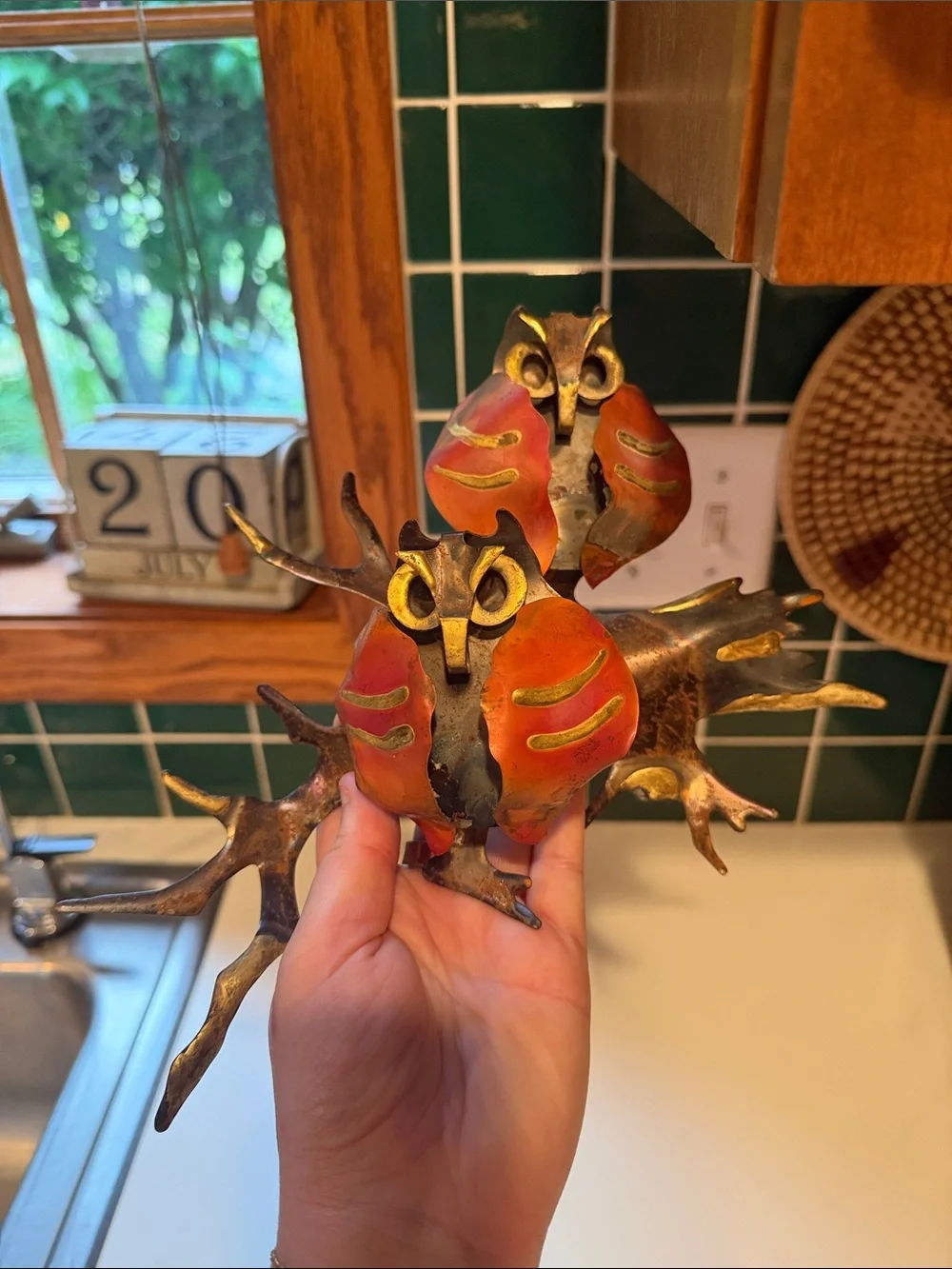 MCM Brutalist Metal Owl Wall Art Hanging Sculpture Gold Enamel Home Interiors X2